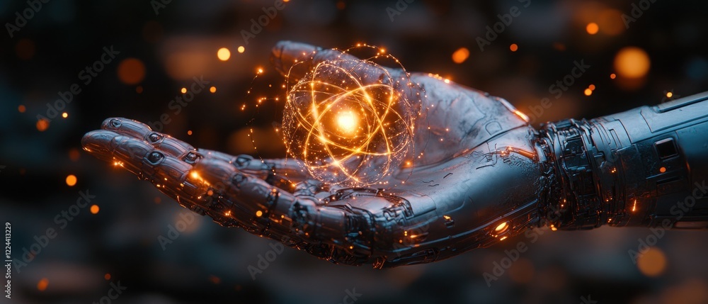 Poster Robot Hand Holding Glowing Atom Model Cyberpunk Art Technology Artificial Intelligence Machine Learning Data Network Exchange