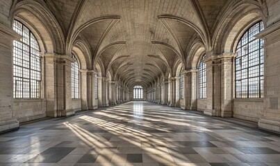 Sunlit hallway in gothic abbey with arched ceilings and tiled floor, ideal for architectural studies