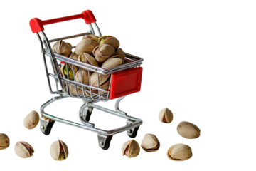 A miniature shopping cart filled with pistachios on a clean white surface, evoking a playful vibe of snack shopping indoors isolated on transparent background