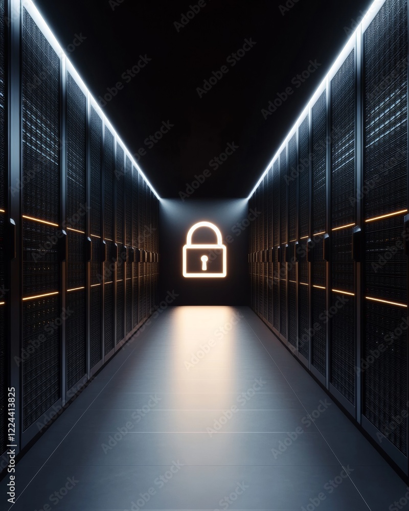 Poster neon cybersecurity aesthetic illuminated server room with circuit textures and padlock emblem - adva