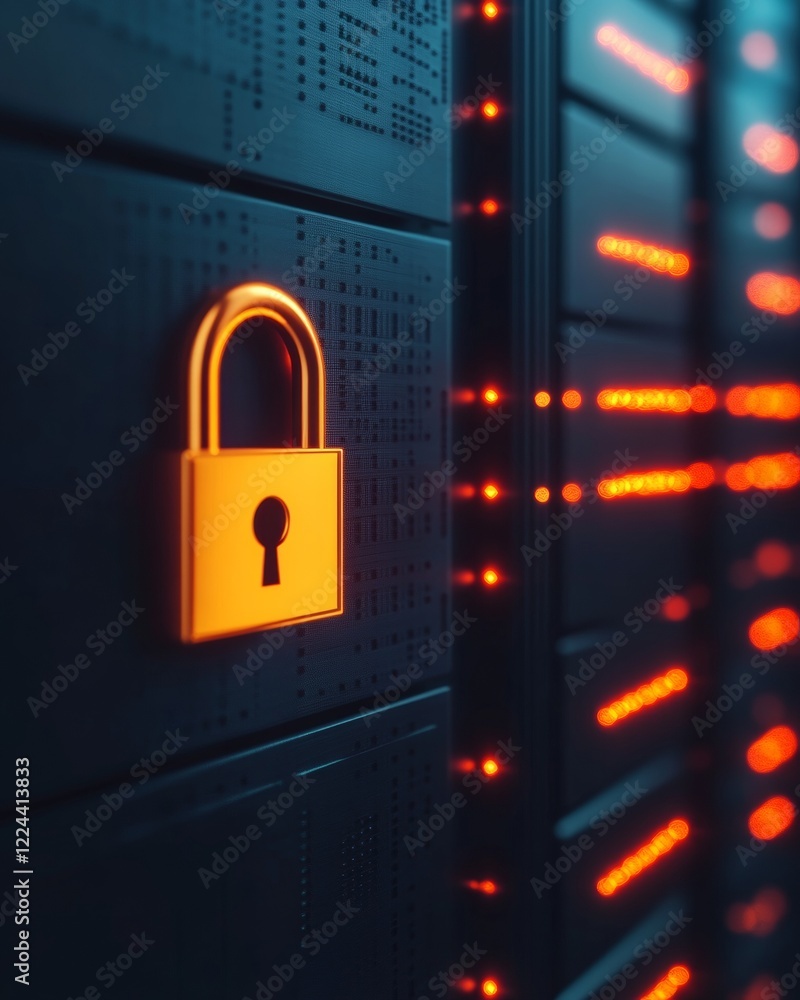 Aufkleber Neon Tech Security Illuminated Server Room with Digital Lock and Circuitry - Advanced Data Center Marketing for Secure IT Infrastructure Solutions