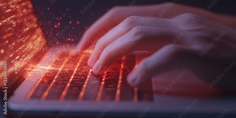Aufkleber Futuristic Cybersecurity Visual Holographic Data Encryption with Typing Hands on Laptop - Secure Communication Software Promotion for Tech-Savvy Digital Workspaces