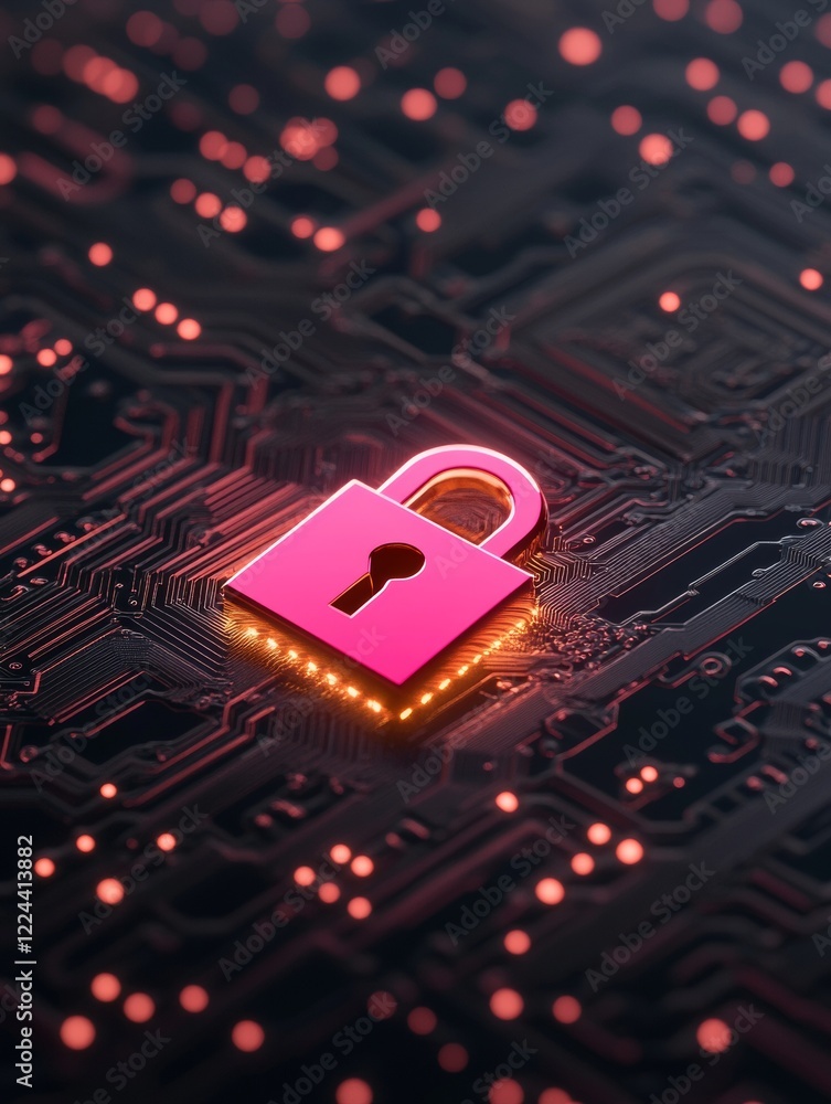 Poster futuristic cyber security aesthetics neon glow padlock on circuit board texture - digital safeguardi
