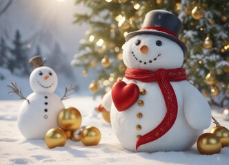 Heart-shaped ornament amidst the snowman and golden balls , balls, winter, snowman