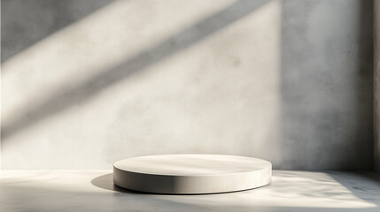 simple round podium with sunlight casting shadows creating minimalist atmosphere and feeling of emptiness and calm