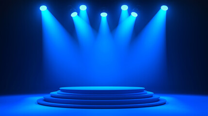 glowing blue podium with six lines and bright spotlights creates dramatic scene, ready for presentation or performance