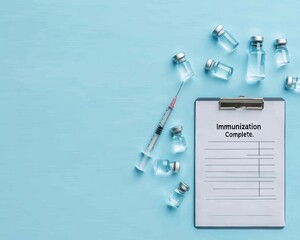 Contemporary Healthcare Flat Lay Vaccine Vials, Syringe and Checklist on White Table with Clinical Blue Lighting - Modern Medical Campaign and Digital Collaboration Strategy