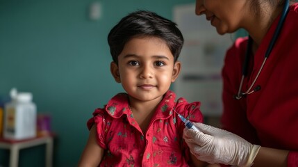 Serene Child Vaccination Indian Boy in Cozy Community Health Center - Modern Healthcare Campaign and Public Safety Advocacy