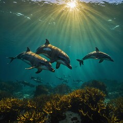 Naklejka premium Dolphins illuminated by glowing golden kelp under an emerald green sea.
