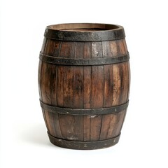Rustic wooden barrel isolated on white background.