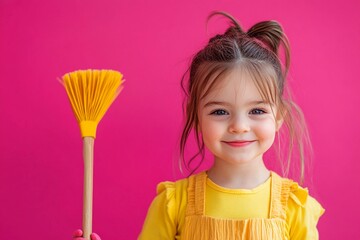 A young girl assisting with cleaning, using a small broom
