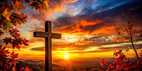 Ascension Day Silhouette Cross Autumn Sunset Night Photography Stock Photo