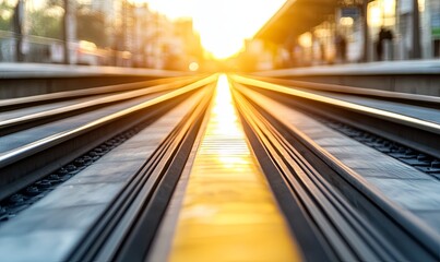 Sunset over empty train tracks at urban station, ideal for travel and transport themes