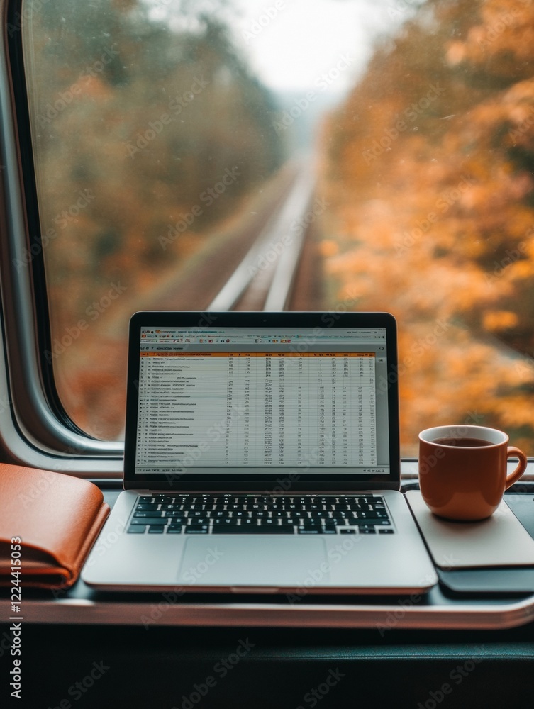 Poster tech-infused train office sleek laptop on foldable tray surfaces for efficient remote work and digit