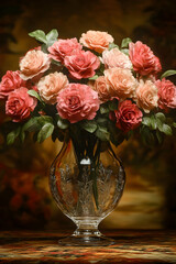 Pink roses bouquet in glass vase, dark background, romantic setting, ideal for cards