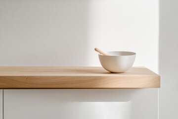 Minimalist Kitchen Display White Ceramic Bowl on Light Wood Countertop - Modern Home Design and Functional Decor for Compact Living Spaces