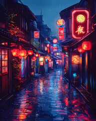 Rainy night in a Japanese alleyway, neon lights reflecting on wet cobblestones; background shows traditional architecture; ideal for travel or atmospheric backgrounds
