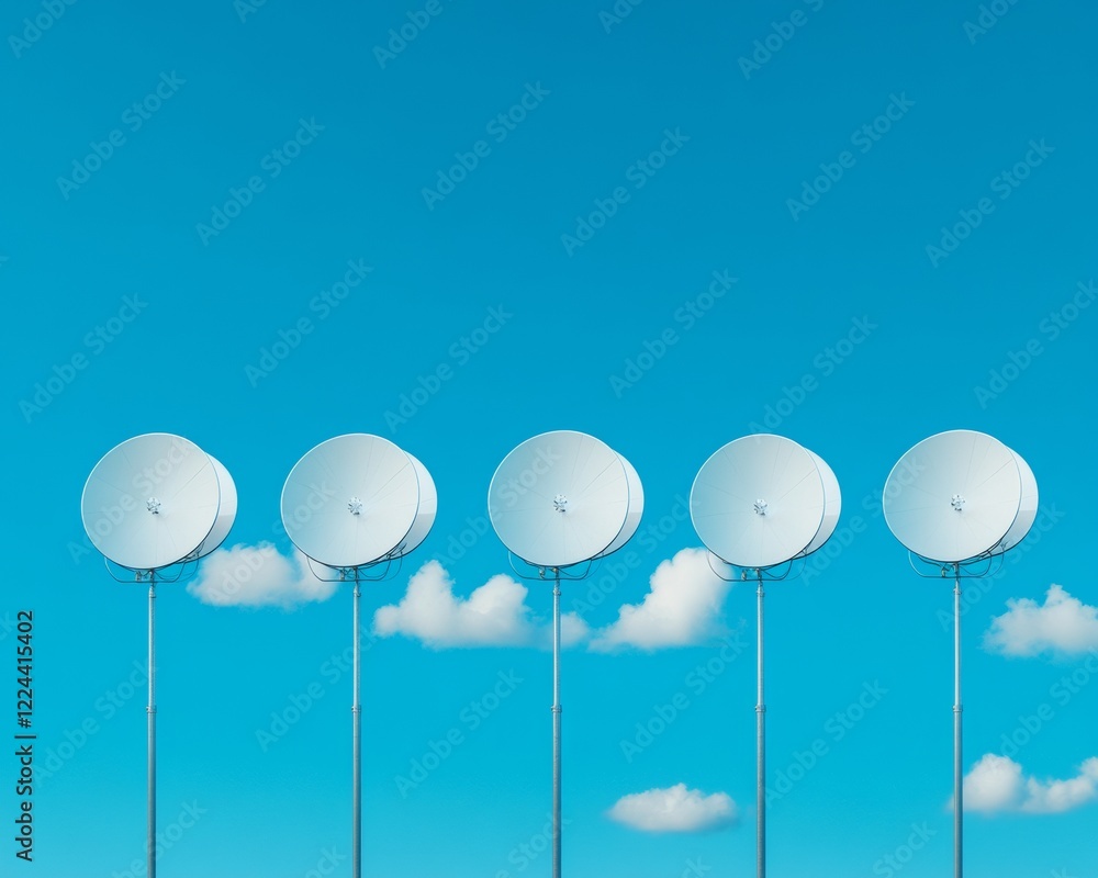 Poster Minimalist Meteorological Display Sleek Satellite Dish Array Against Clear Sky - Advanced Weather Monitoring and Educational Meteorology Visuals for Innovative Technology Solutions