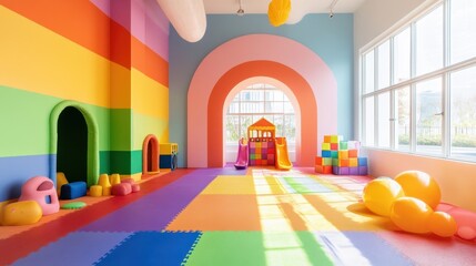 A colorful rainbow playground room serves as a vibrant backdrop for photo studio sessions, providing an engaging and playful environment for children's photography
