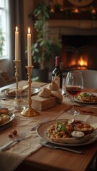 Elegant romantic dinner table setup with candlelight and wine, cozy fireplace backdrop, intimate dining experience for special occasions, fine dining ambiance, beautifully presented gourmet meal