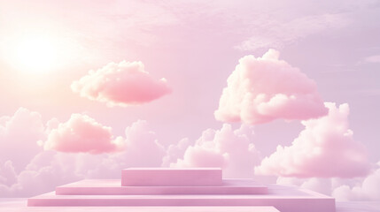 dreamy scene with pink platform and fluffy clouds floating in soft, pastel sky, conveying serene atmosphere