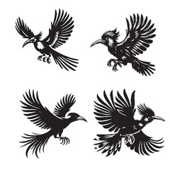 4 set of black High-Quality Vector Silhouette of a Flying Hoatzin on White Background