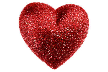 Shiny red glitter heart with a sparkling texture isolated on white transparent background. Concept of love, romance, and celebration