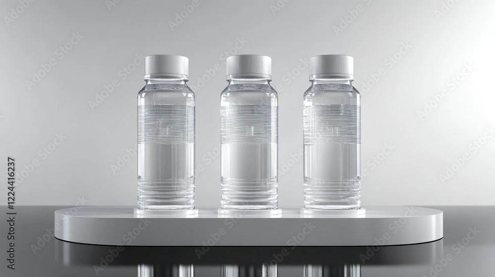 Poster clear water bottles on elegant display with minimalist background