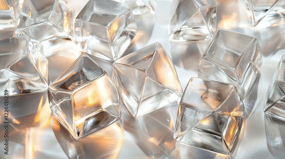Poster clear ice cubes on reflective surface with soft light background