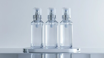 Three Sleek Clear Bottles on Modern Stand with Reflection