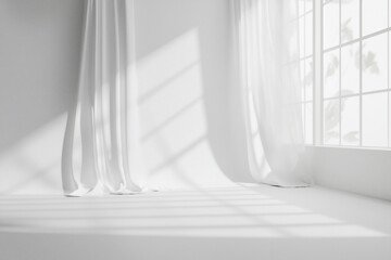 Bright and airy interior with white curtains gently swaying in a sunlit room, creating serene shadows