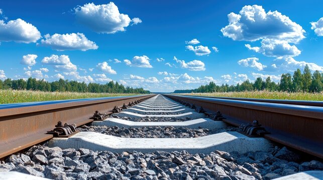 Railway tracks stretch toward the horizon under a bright blue sky with white clouds in a rural landscape.