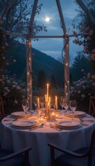 Fototapeta premium Elegant outdoor dinner table setting with lit candles and wine under a full moon, romantic and serene atmosphere, perfect for special occasions and intimate celebrations