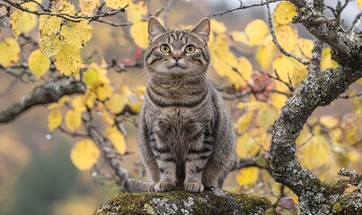 Tabby cat sits on mossy branch amidst golden autumn leaves