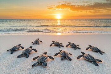 touching scene of baby turtles moving towards the ocean on a white sandy beach, with the sun setting on the horizon, creating a serene and magical atmosphere