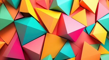 Obraz premium A collection of overlapping 3D triangles in bright colors, creating a vibrant geometric background with soft shadows.