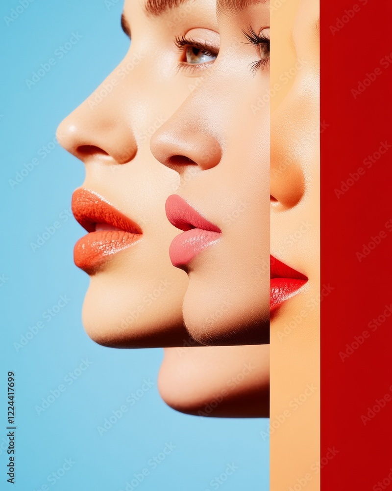 Poster dynamic lip color spectrum close-up of diverse lip shades against sky blue and red hues - modern bea