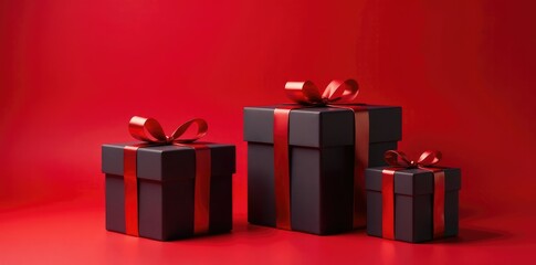 Dark gift boxes wrapped in red paper with a ribbon tied at the top, red background, gift box, presents