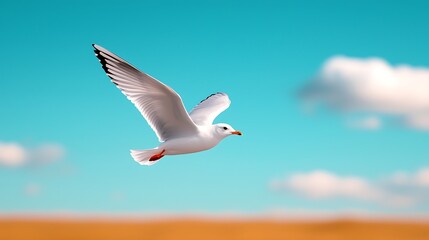 Obraz premium Seagull in Flight Over Coastal Landscape