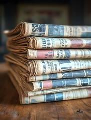 Stack of vintage newspapers on wooden table, blurred background.  History, journalism, archive concept