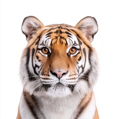 Fototapeta premium Close up of striped tiger with piercing orange eyes, showcasing its majestic and intense gaze