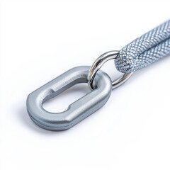 Obraz premium Close up of sturdy climbing carabiner with screw, attached to durable rope, on white background