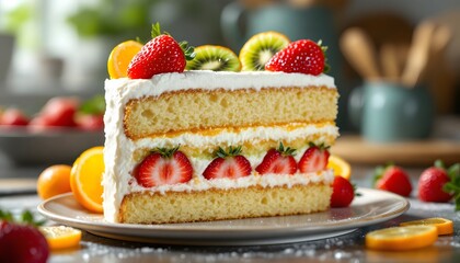 Create an ultra-realistic 8k image of a slice of fruit cake with layers of colorful fresh fruit (like strawberries, kiwi, and orange slices) on top. The cake is moist and delicate, with visi