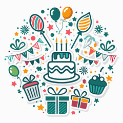 Festive birthday party elements arranged in a circle.