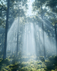 Fototapeta premium Sunbeams pierce misty pine forest; tranquil nature scene, ideal for calming backgrounds