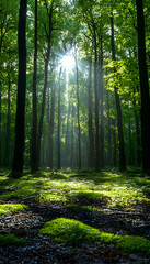 Obraz premium Sunbeams in lush green forest; tranquil nature scene, perfect for relaxation or environmental themes