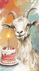 Goat celebrates birthday with cake and candle in colorful artwork featuring playful background