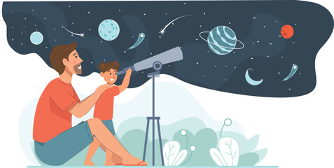 Father and Son Stargazing Illustration with Telescope and Planets Features a father-son duo using a telescope to gaze at stars and planets. © doo