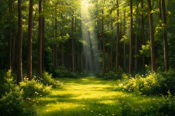 Obraz premium Sunlit forest path, dappled light, green foliage, peaceful nature scene, ideal for relaxation themes