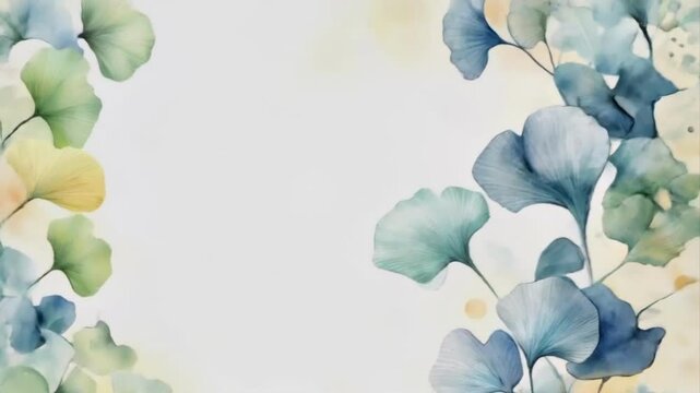 Botanical watercolor illustration featuring ginkgo leaves in soft pastels.